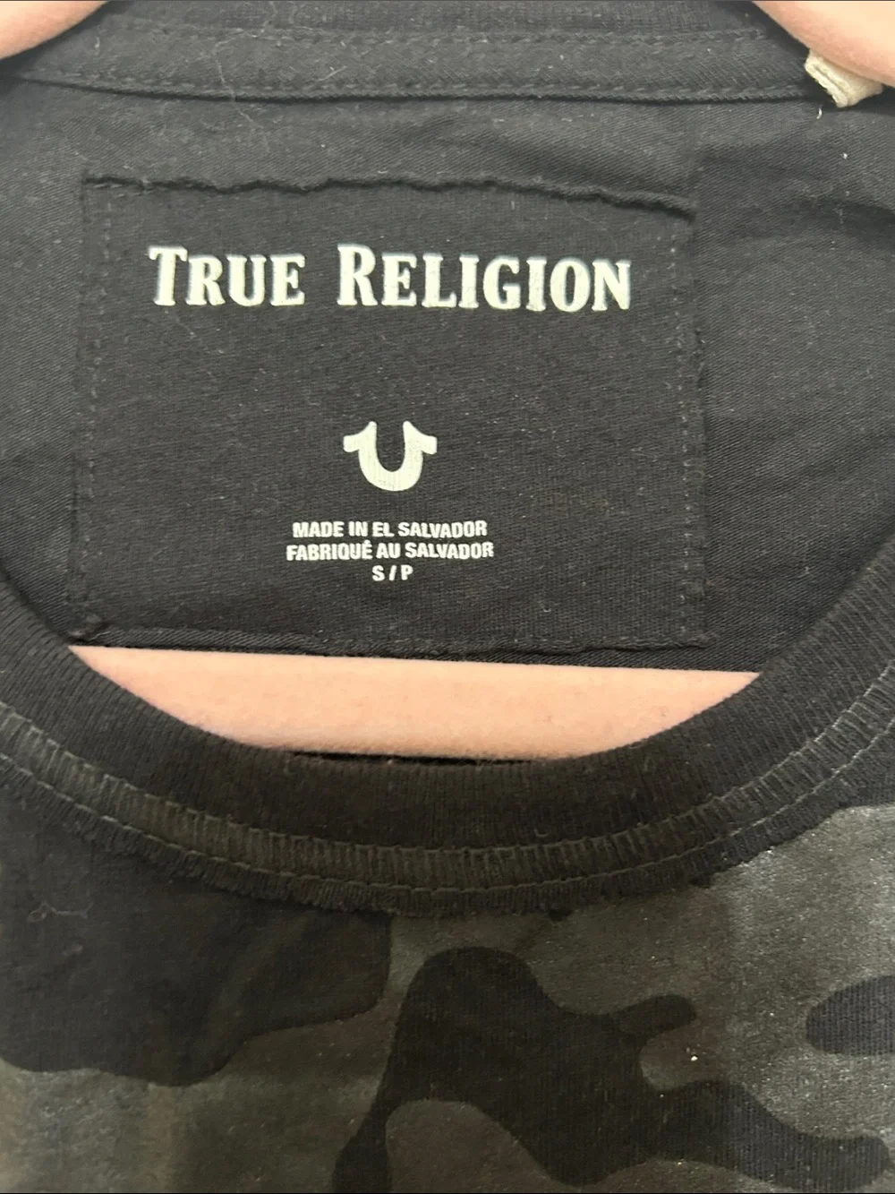 True Religion Black & Gray Camo Graphic Tee with Silver Buddha Logo